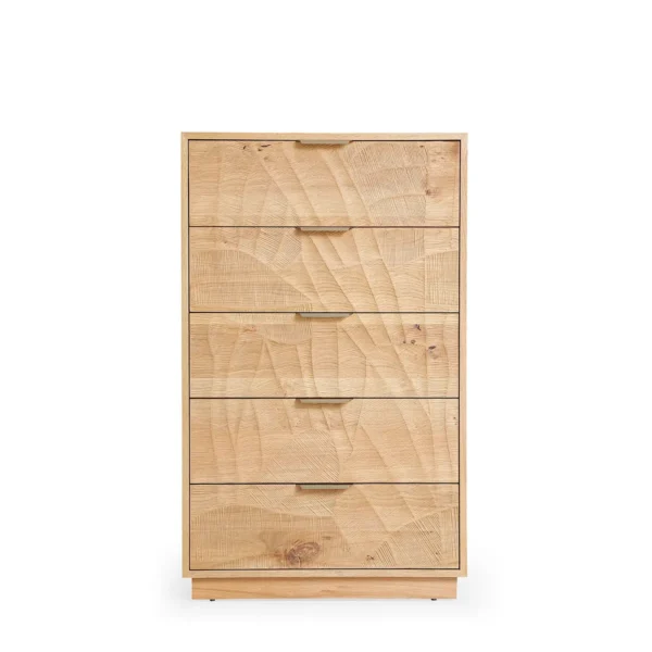 J2418-5H-OAK J2418-5H-OAK Tall Rustic Solid Wood 5-Drawer Chest with Hand-Carved Doors