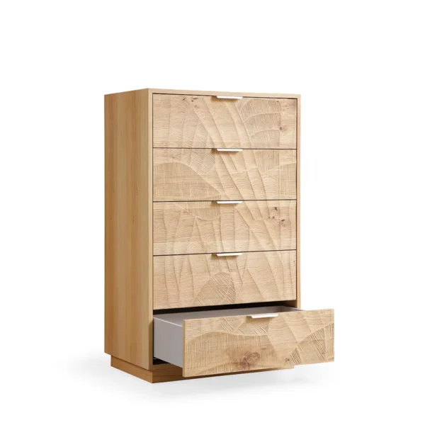 J2418-5H-OAK Tall Rustic Solid Wood 5-Drawer Chest with Hand-Carved Doors & Stainless Steel Handles