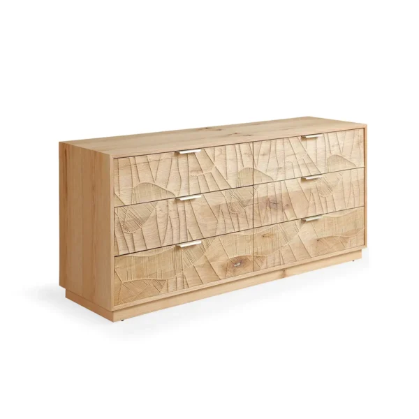 J2418-D-OAK 66" Wide Rustic Solid Wood 6-Drawer Double Dresser with Hand-Carved Doors & Stainless Steel Handles
