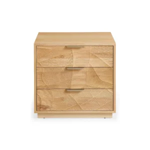 N2418-OAK Rustic Solid Wood 3-Drawer Nightstand with Hand-Carved Door & Stainless Steel Handles