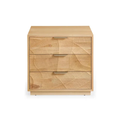 N2418-OAK Rustic Solid Wood 3-Drawer Nightstand with Hand-Carved Door & Stainless Steel Handles